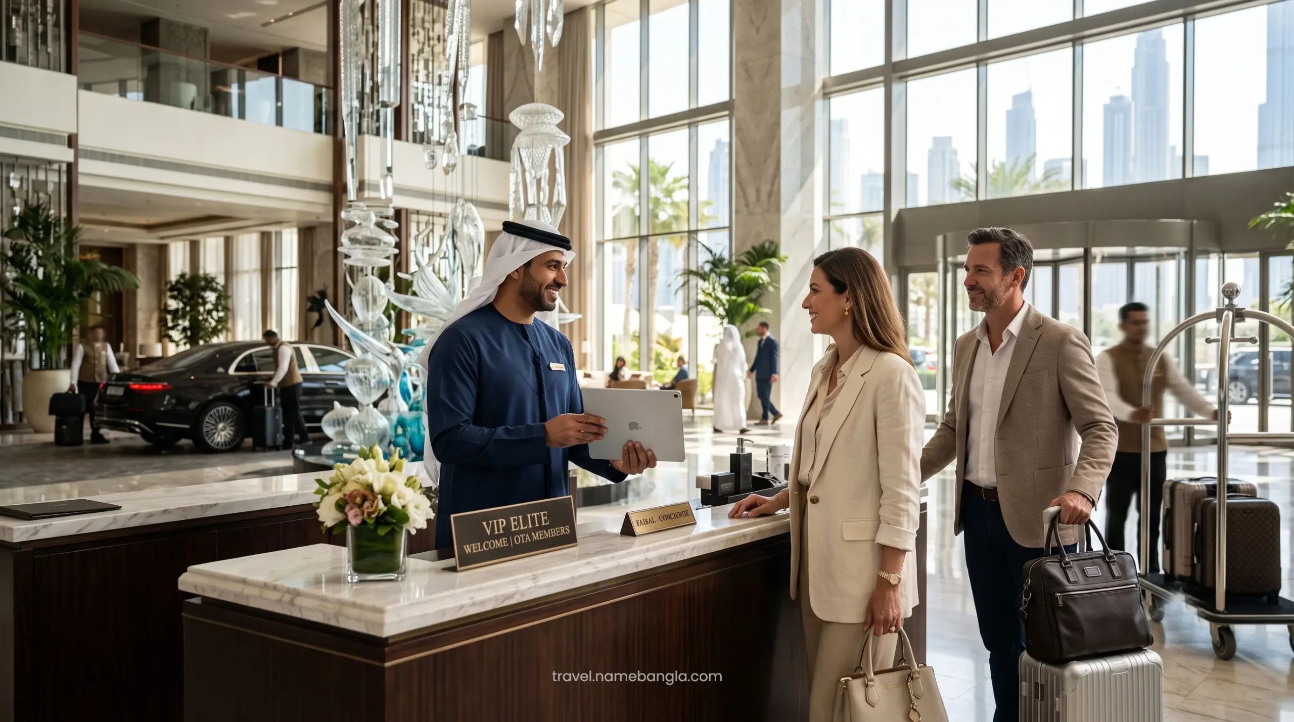 A dedicated elite hotel concierge welcoming VIP Access members arriving at Atlantis The Royal for their complimentary reward stay.